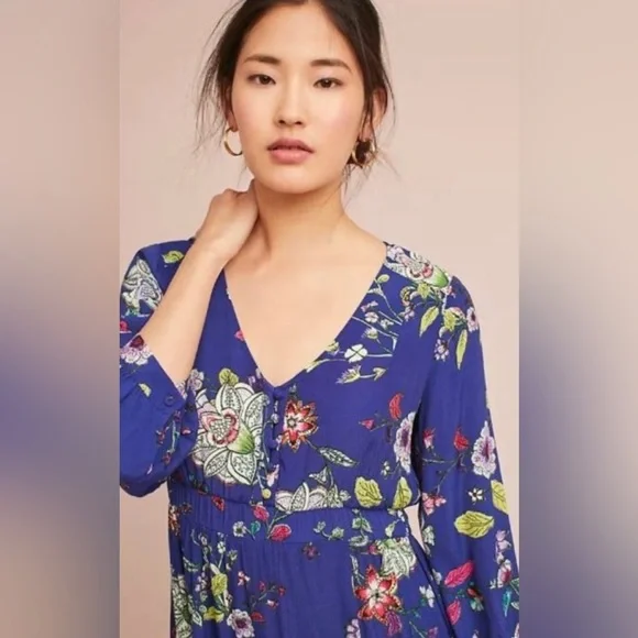 Maeve Anthropologie Maplewood Blue Floral Long Sleeves Button Dress Size XL - Picture 2 of 14